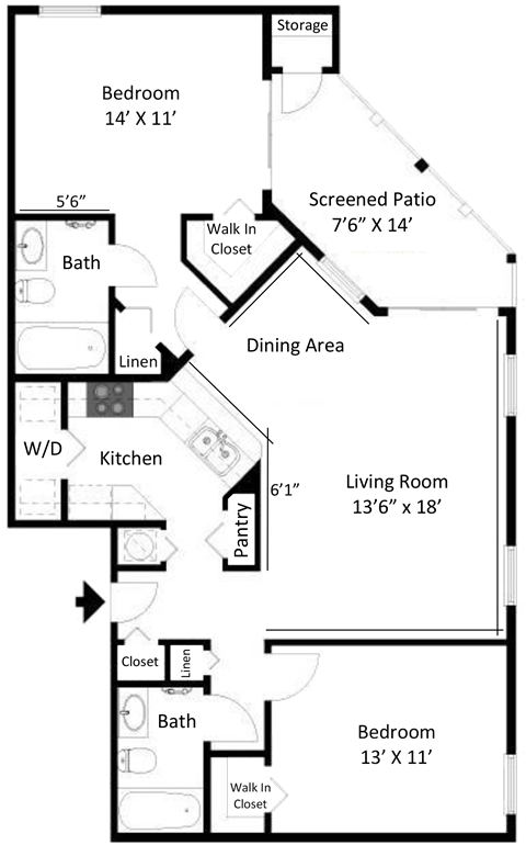 Floor plan for 2 beds, 2 baths, 1123 sqft